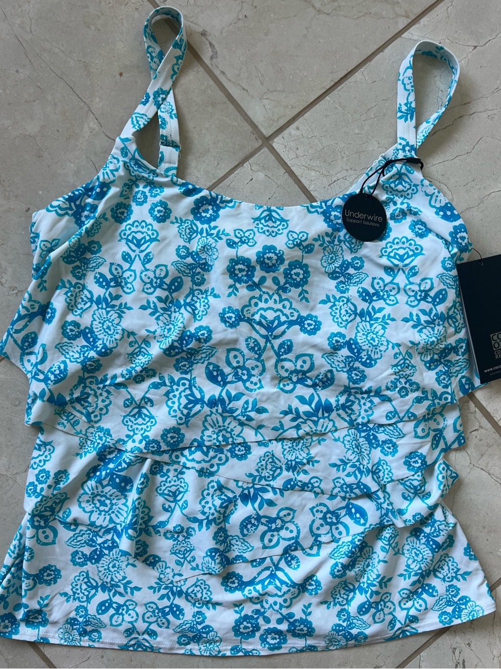 NWT Coco Reef Tankini Ruffle Underwire Swim Top Blue White Floral 34DD Beachwear - Picture 2 of 8